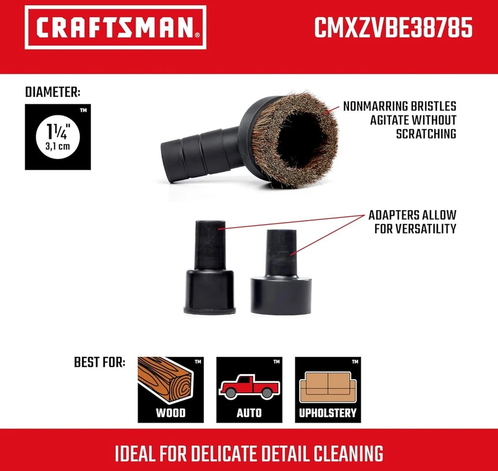 Craftsman cmxzvbe38785 1.5" natūralių šerių dulkių šepetys šlapio/sauso valymo priedo siurbliui su 1 9/8" ir 2 1/2" adapteriu