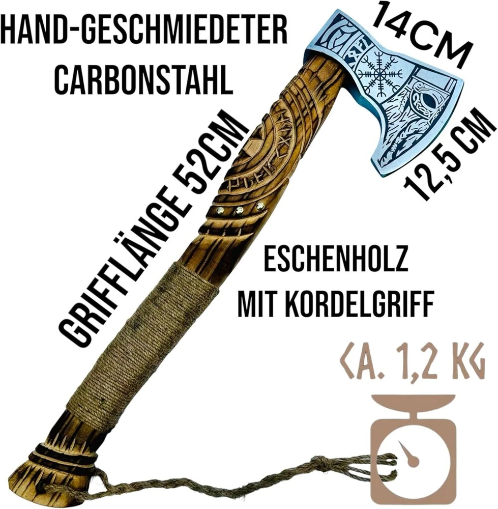 Crafttal - Vikingų kirvis 52 Cn. su Raban galvos peiliu 2-in-1 rinkinys, rankomis graviruota ąžuolo medžio rankena, 1095 anglinio plieno ašmenys, Larp kirvukas su odine apsauga, dovana vyrams