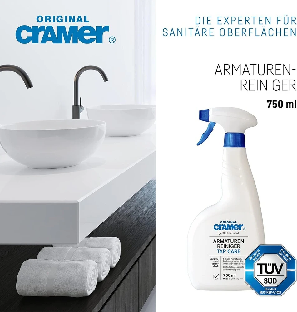 Cramer čiaupų valiklis 750 ml nuo kalkių ir nešvarumų – taip pat skirtas juodai armatūrai ir sūkurinių vonių purkštukams – ypač švelnus ir efektyvus specialus valiklis, skirtas blizgiems metaliniams paviršiams
