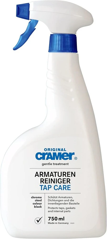 Cramer čiaupų valiklis 750 ml nuo kalkių ir nešvarumų – taip pat skirtas juodai armatūrai ir sūkurinių vonių purkštukams – ypač švelnus ir efektyvus specialus valiklis, skirtas blizgiems metaliniams paviršiams