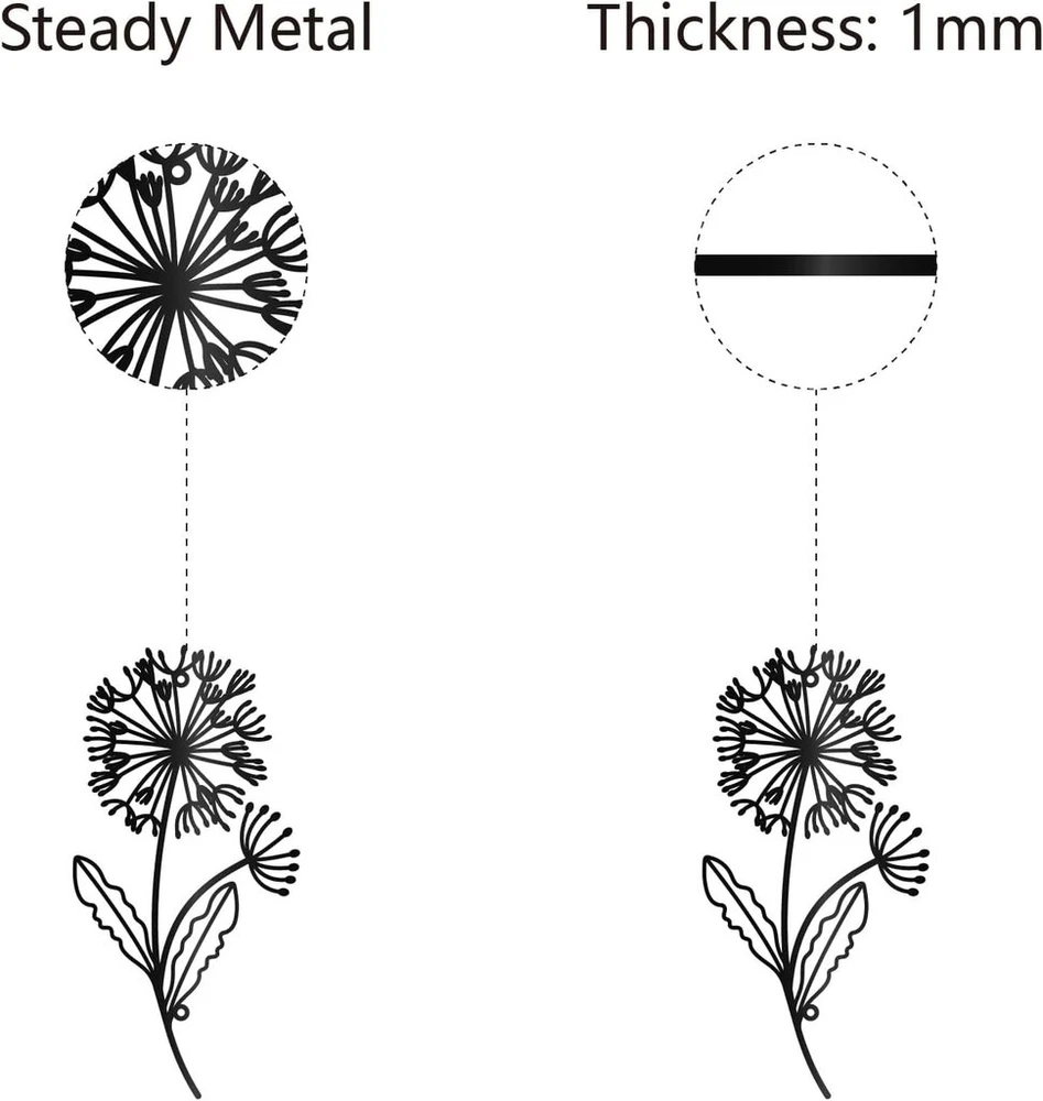 Plakatas Creatcabin metalinė sienų dekoracija "dandelion", geležinė gėlės sienų dekoracija, pakabinama, juoda, tuščiavidurė, simetriška silueto, ornamentas, geležinis ženklas studijai, namams, biurui, dekoracija, dovana, juoda, 30 x 15 cm