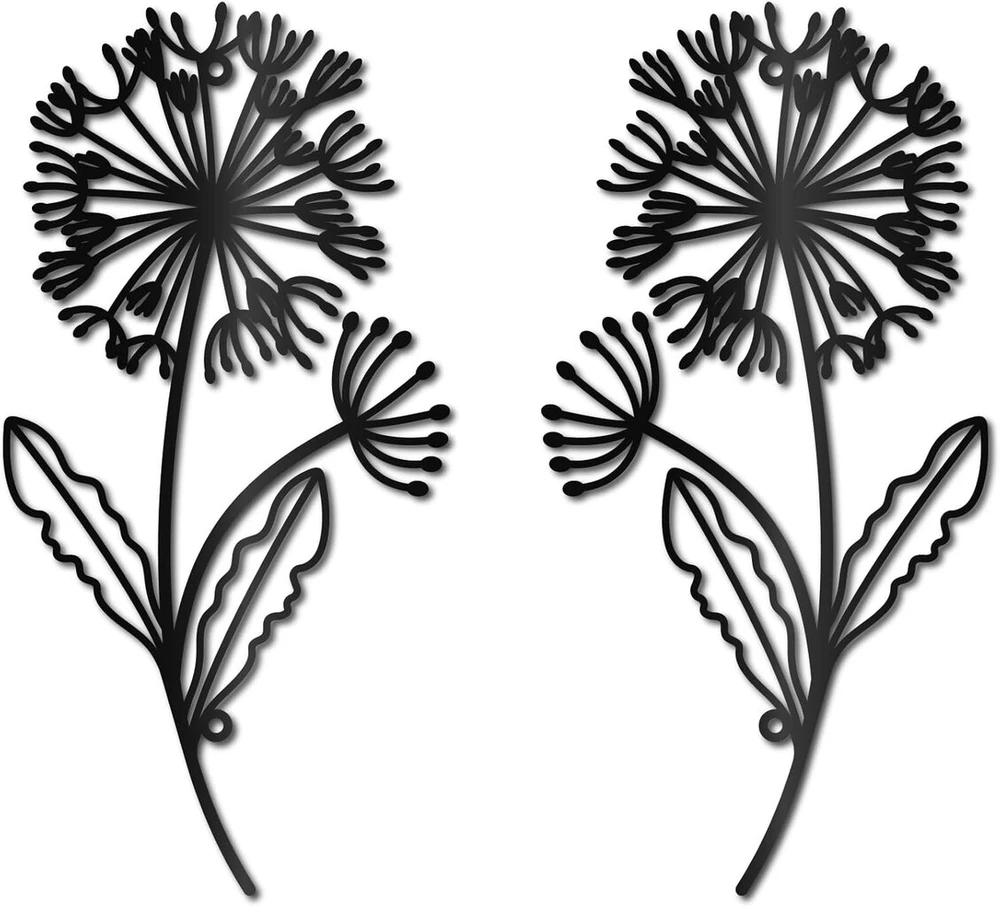 Plakatas Creatcabin metalinė sienų dekoracija "dandelion", geležinė gėlės sienų dekoracija, pakabinama, juoda, tuščiavidurė, simetriška silueto, ornamentas, geležinis ženklas studijai, namams, biurui, dekoracija, dovana, juoda, 30 x 15 cm