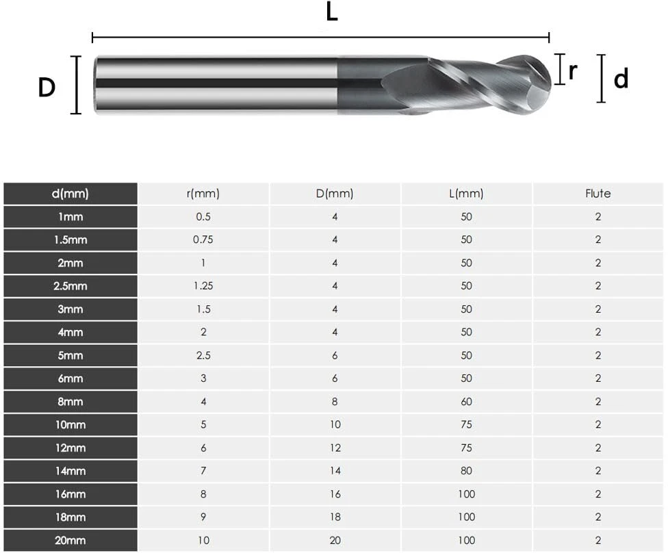 Creeya 2 vnt. karbido freza su sferine galvute 4 mm, 2 dantų / 2 ašmenų Cnc freza su sferine galvute Hrc 55, Altin juoda danga, kieto karbido spindulio pjoviklis 4 mm plienui, metalui, medžiui, akrilui, plastikui (skersmuo 4