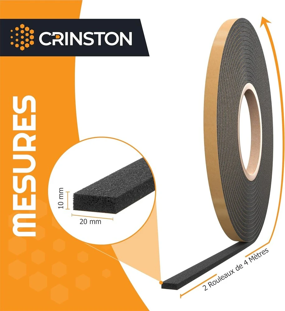 Crinston ® lipni sandarinimo juosta durims ir langams, 20 x 10 mm, 2 ritiniai po 4 m, iš viso 8 m, Epdm korėta guma, garso izoliacija, vandeniui atsparus guminis sandariklis, sandarinimo juosta, juoda