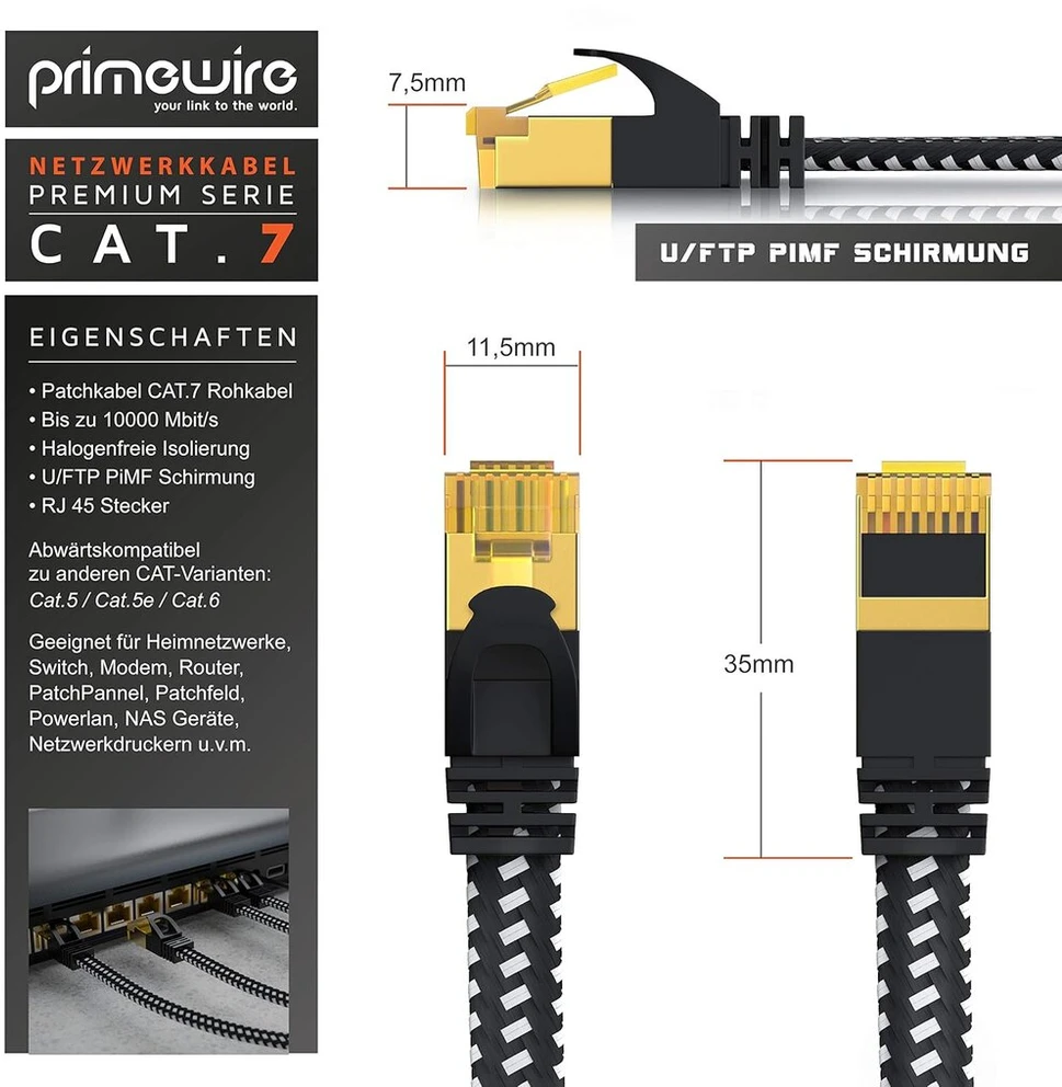 Csl - 15 m, Cat 7 tinklo kabelis, plokščias, 40 Gbits - medvilninis apvalkalas - Lan kabelis, patch kabelis, duomenų kabelis - Cat.7 Gigabit Rj45 Ethernet kabelis - 10000 Mbits greitis - plokščias kabelis - instaliacinis kabelis