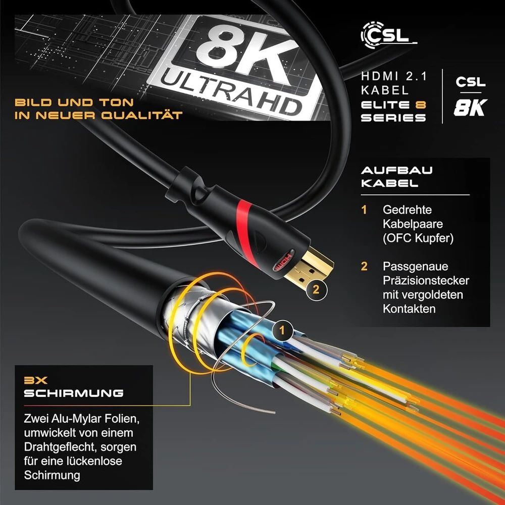 Csl 8k Hdmi 2.1 kabelis, 5m - 8k@120hz, 4k@240hz, 48gbps