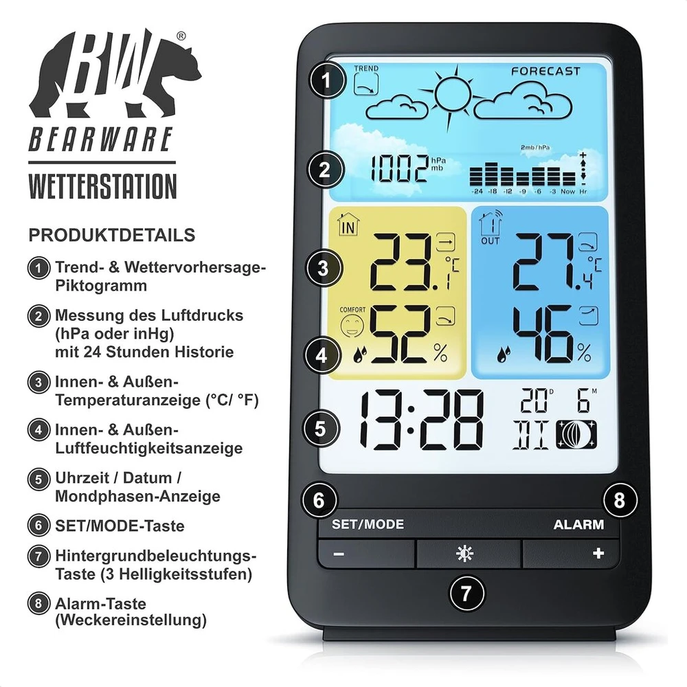 Csl belaidė meteorologinė stotis su spalvotu ekranu ir lauko davikliu, dcf signalas, dst, vidaus ir lauko temperatūra, įspėjimas apie temperatūrą, įspėjimas apie šaltį, (santykinis) oro slėgis, barometras