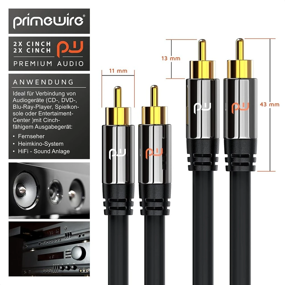 Csl-computer Rca garso kabelis, 1m, 2x Rca į 2x Rca, metalinis kištukas