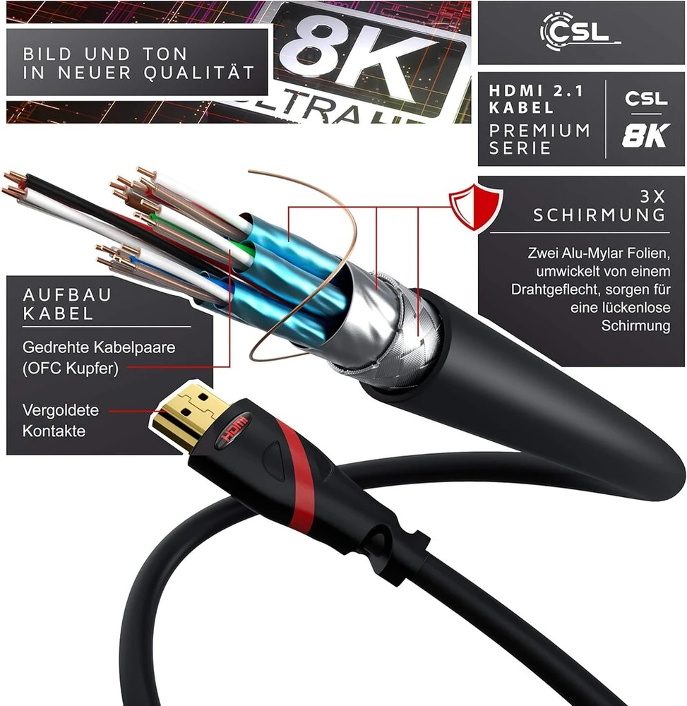 Csl Hdmi 2.1 kabelis 8k 4k baltas/raudonas/juodas 1m