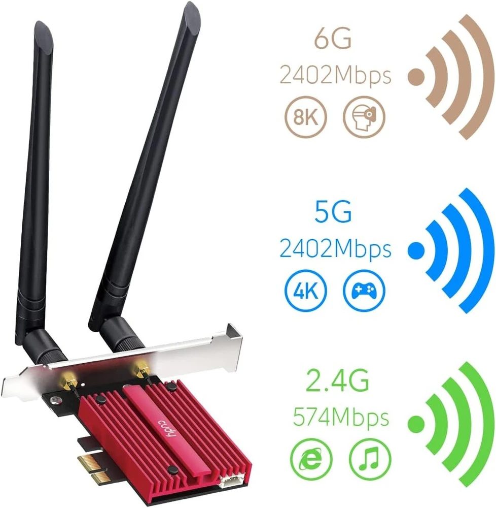 Cudy Ax5400 Wifi 6e Pcie kortelė, bluetooth 5.2, ax210 modulis viduje, 802.11ax/ac/a/b/g/n, windows 10/11 64-bit