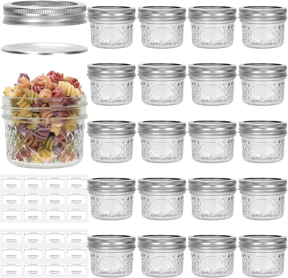 Culncraz 120 ml stiklainiai konservavimui, 20 vnt. stiklainių su įprasto pločio anga su sidabriniais aliuminio dangteliais ir žiedais, sandarūs stiklainiai maisto laikymui, konservavimui, avižoms per naktį, fermentavimui