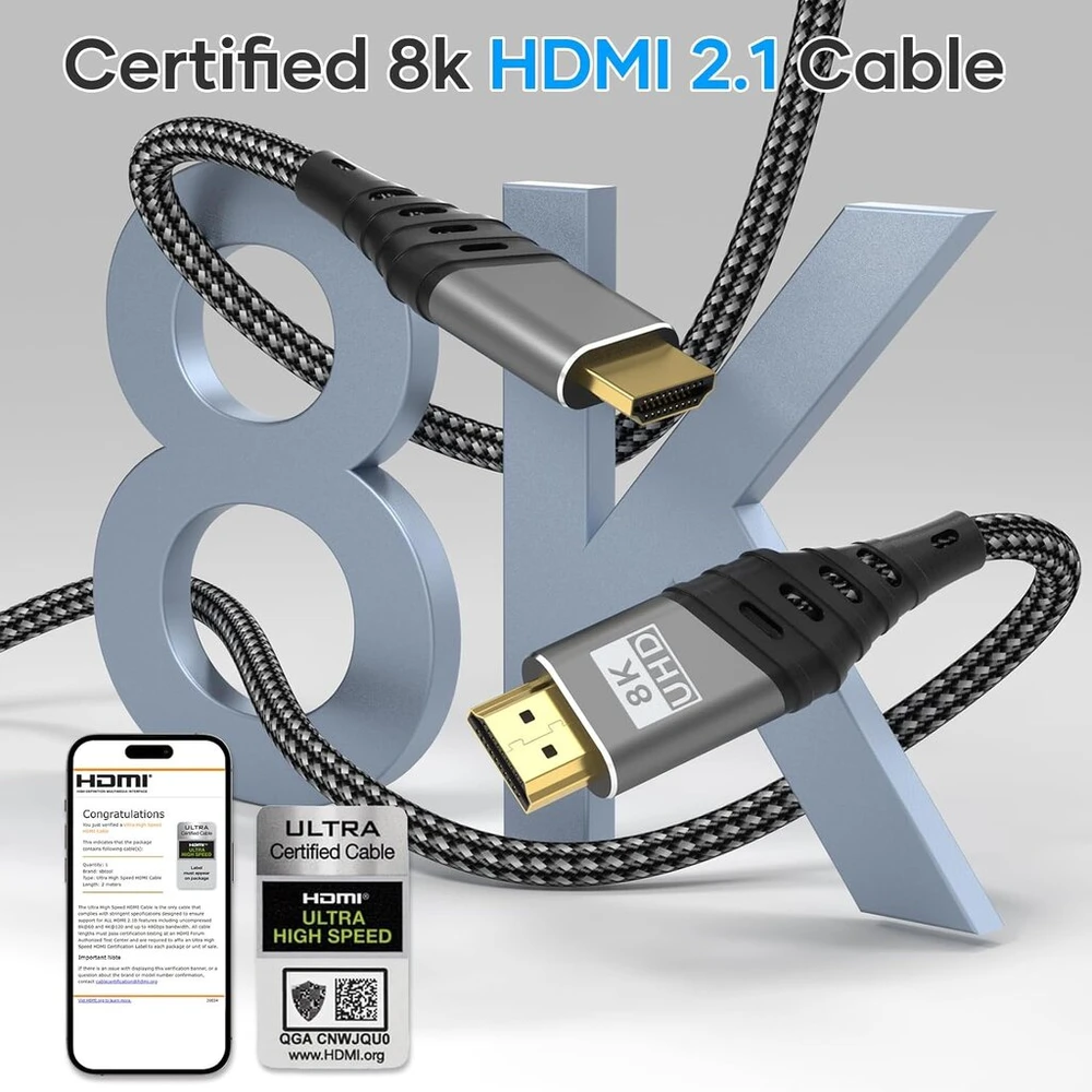 Cuszwee hdmi kabelis, hdmi 2.1 ultra kabelis 48 gbps didelės spartos 8k @ 60hz 4k @ 120hz 7680p earc hdcp 2.2 & 2.3 dts:x dinaminis hdr dolby atmos suderinamas su ps5/4/3, hdtv, ethernet, XBOX series x/s, pc