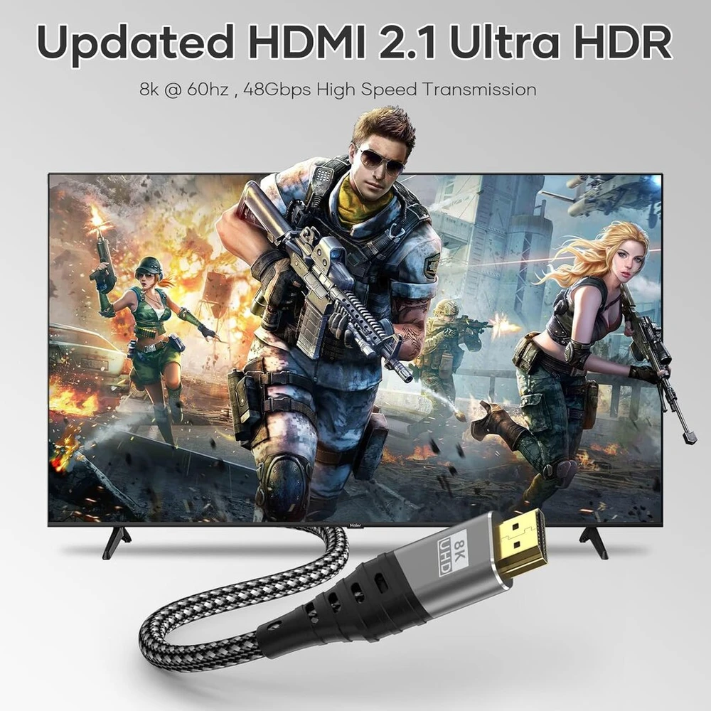 Cuszwee hdmi kabelis, hdmi 2.1 ultra kabelis 48 gbps didelės spartos 8k @ 60hz 4k @ 120hz 7680p earc hdcp 2.2 & 2.3 dts:x dinaminis hdr dolby atmos suderinamas su ps5/4/3, hdtv, ethernet, XBOX series x/s, pc