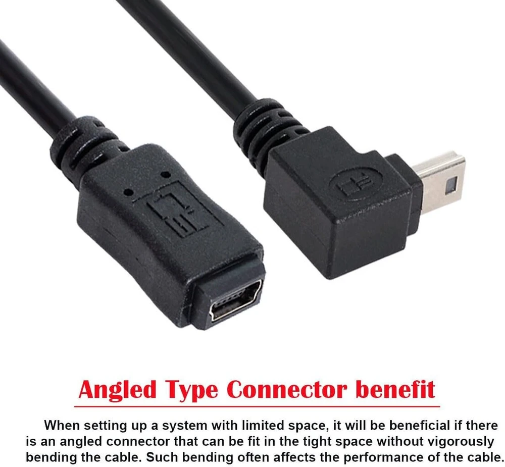 Cy 480mbps mini usb 5 kontaktų kištukas į mini usb 5 kontaktų lizdą prailginimo kabelis 90 laipsnių kampu žemyn 20cm