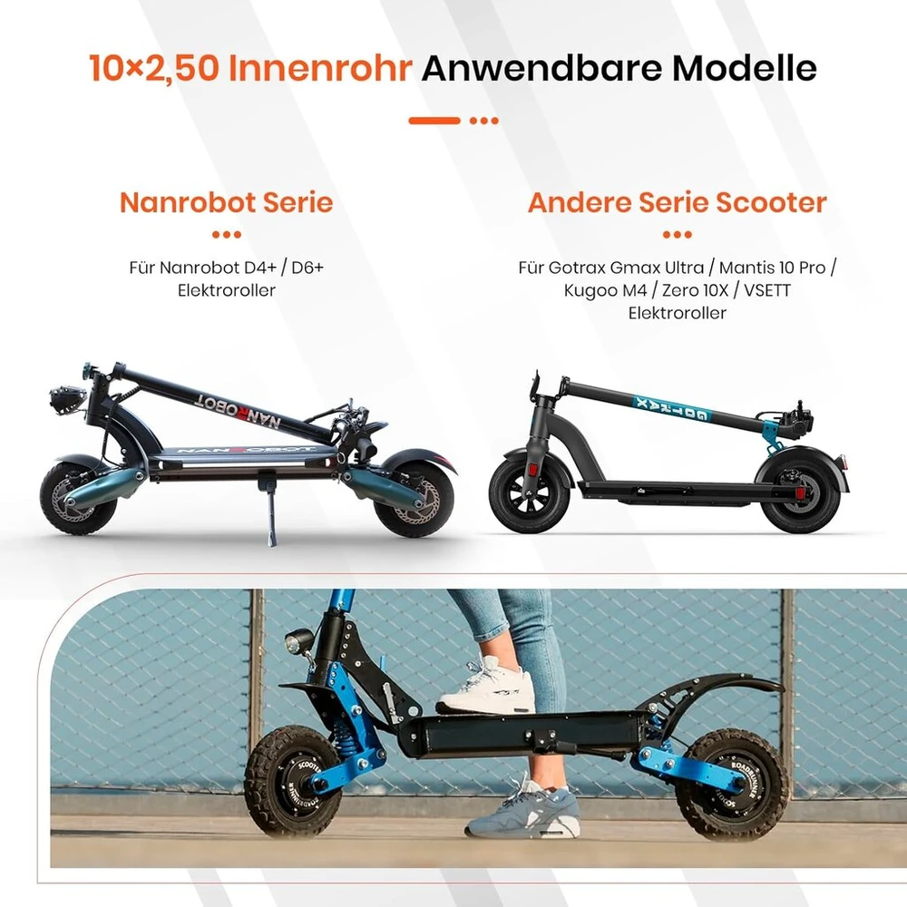 D8l 10 x 2.5 atsarginės vidinės padangos su 90 laipsnių ventiliu, skirtos Nanrobot D4 Plus D6+ Gotrax Gmax Ultra Mantis 10 Pro Se Kugoo M4 Zero 10x Vset Scooter, 2 vnt.