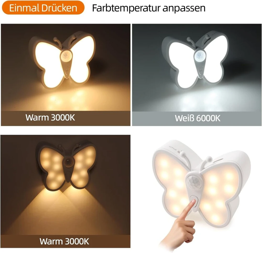 Da Light led naktinė lemputė su judesio davikliu, įkraunama usb 1200 mah, pritemdoma laiptų lemputė su reguliuojama spalvos temperatūra 3000 k/6000 k, drugelio formos spintelių ir laiptų apšvietimas