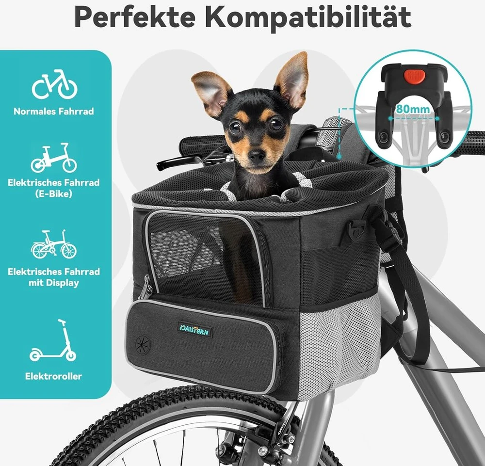 Daistern šuns dviračio krepšelis iki 4kg su vairo adapteriu, kurio skersmuo 80 mm, šuns krepšelis dviračiui, priekinė kuprinė, krepšys ant peties, automobilinė kėdutė su keliais tinklelio langais, vandeniui atspari sėdynės pagalvėlė, tinkamas