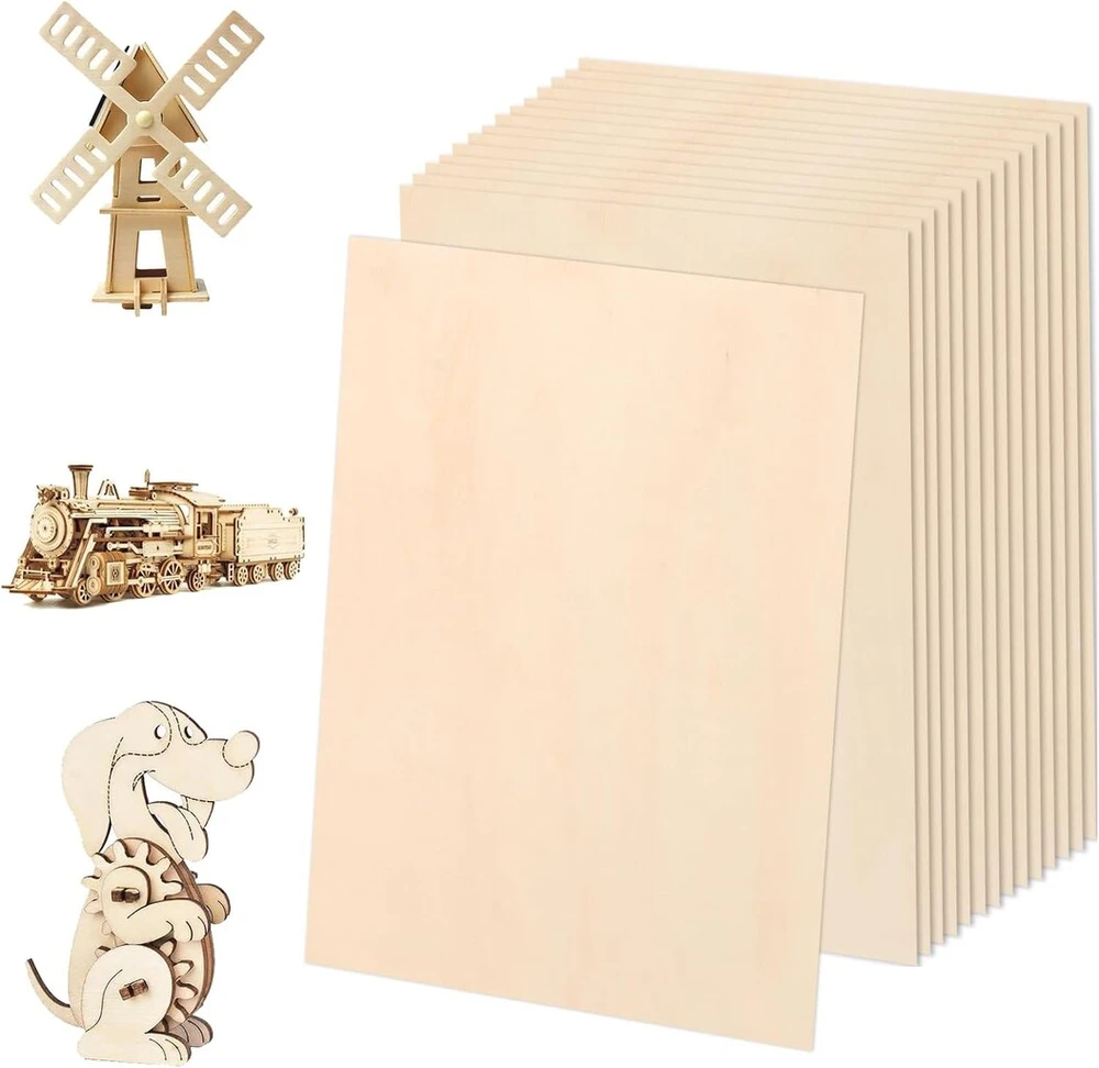 Dajave medienos plokštės, 15 vnt. faneros rinkinys, balzos medienos plokštės, 300 x 200 x 1,5 mm, faneros plokštė, medinės plokštės rankdarbiams, nebaigta liepos medienos fanera, lazeriniams projektams, „pasidaryk pats“ modeliui