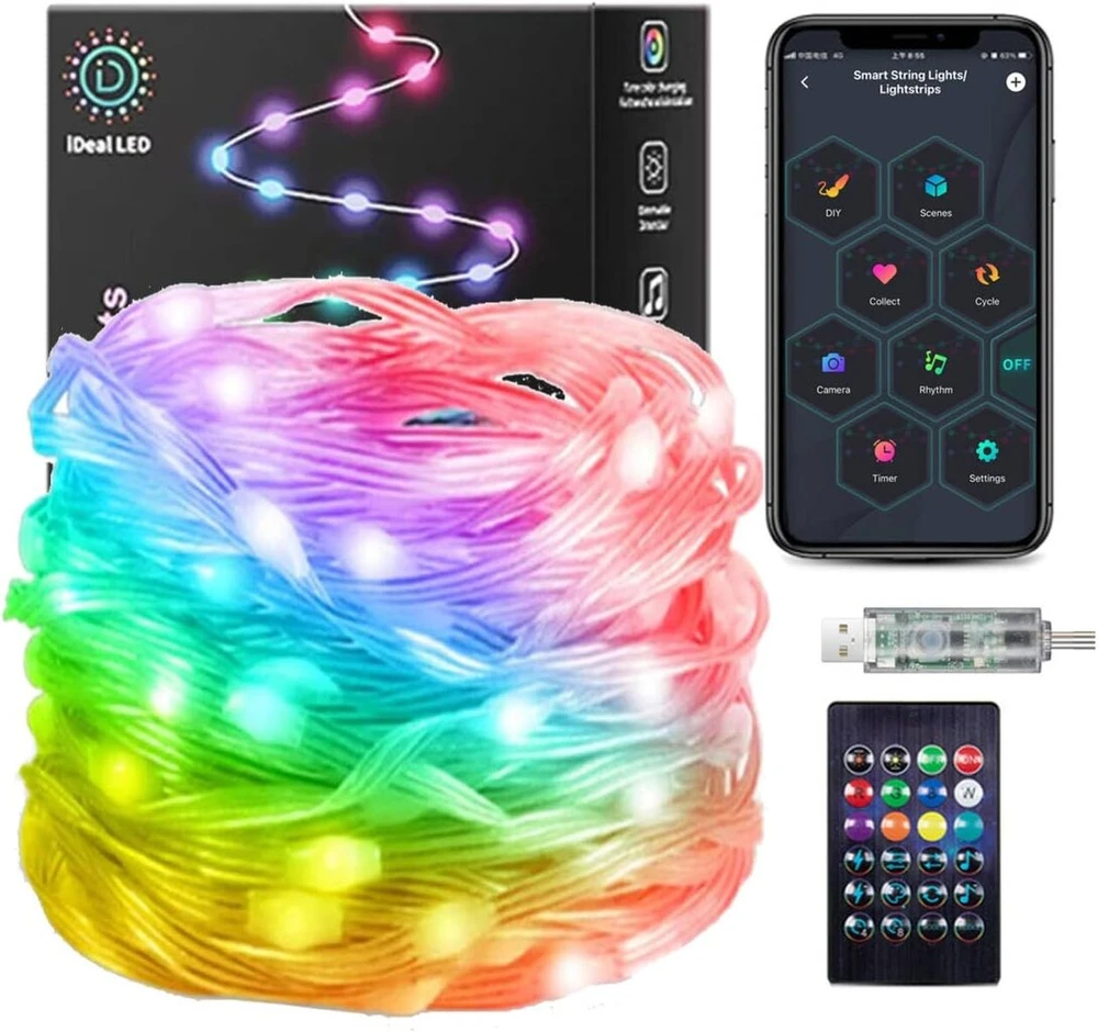 Dakango 20 m 200 led spalvą keičiančios dekoratyvinės lemputės, sinchronizuojamos su muzika, valdomos nuotoliniu pulteliu ir programėle, usb „pasidaryk pats“, vandeniui atsparios išmaniosios dekoratyvinės lemputės vakarėliams, vestuvėms, miegamajam, kalėd