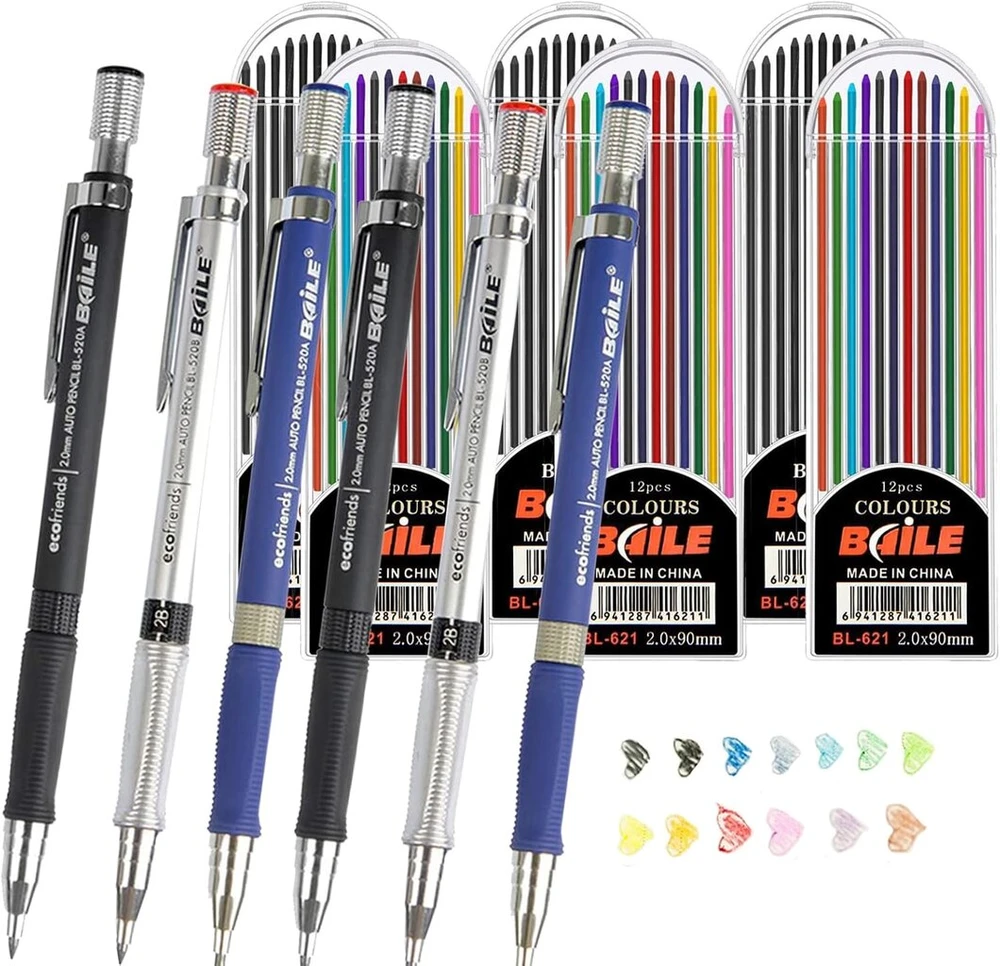 Dancepandas mechaniniai pieštukai 2 mm 6 vnt. mechaninis pieštukas 2 mm mechaniniai pieštukai su 72 spalvotais ir juodais šerdeliais dizainui, piešimui, rašymui, amatams, meniniams eskizams