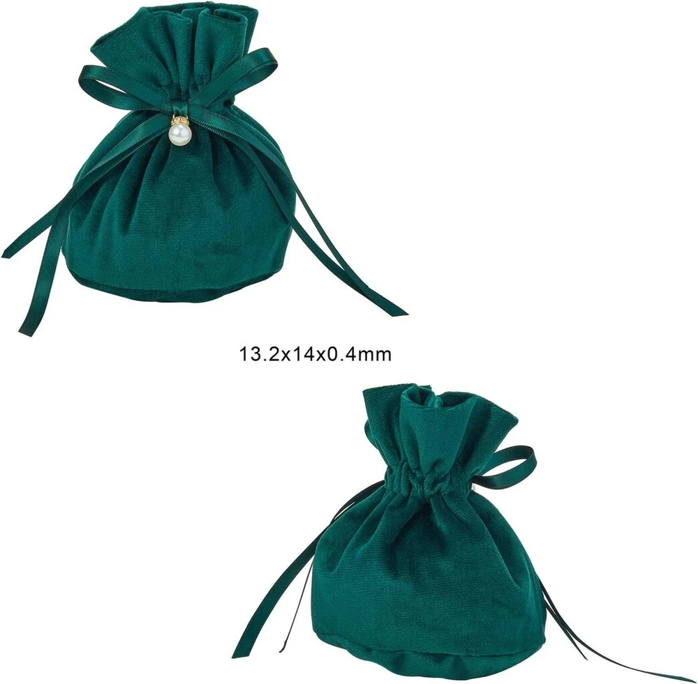 Danlingjewelry 10 vnt. tamsiai žalių velvetinių maišelių su raišteliais ir plastikinėmis imitacinėmis perlais vestuvių vakarėliams, saldainių maišeliai