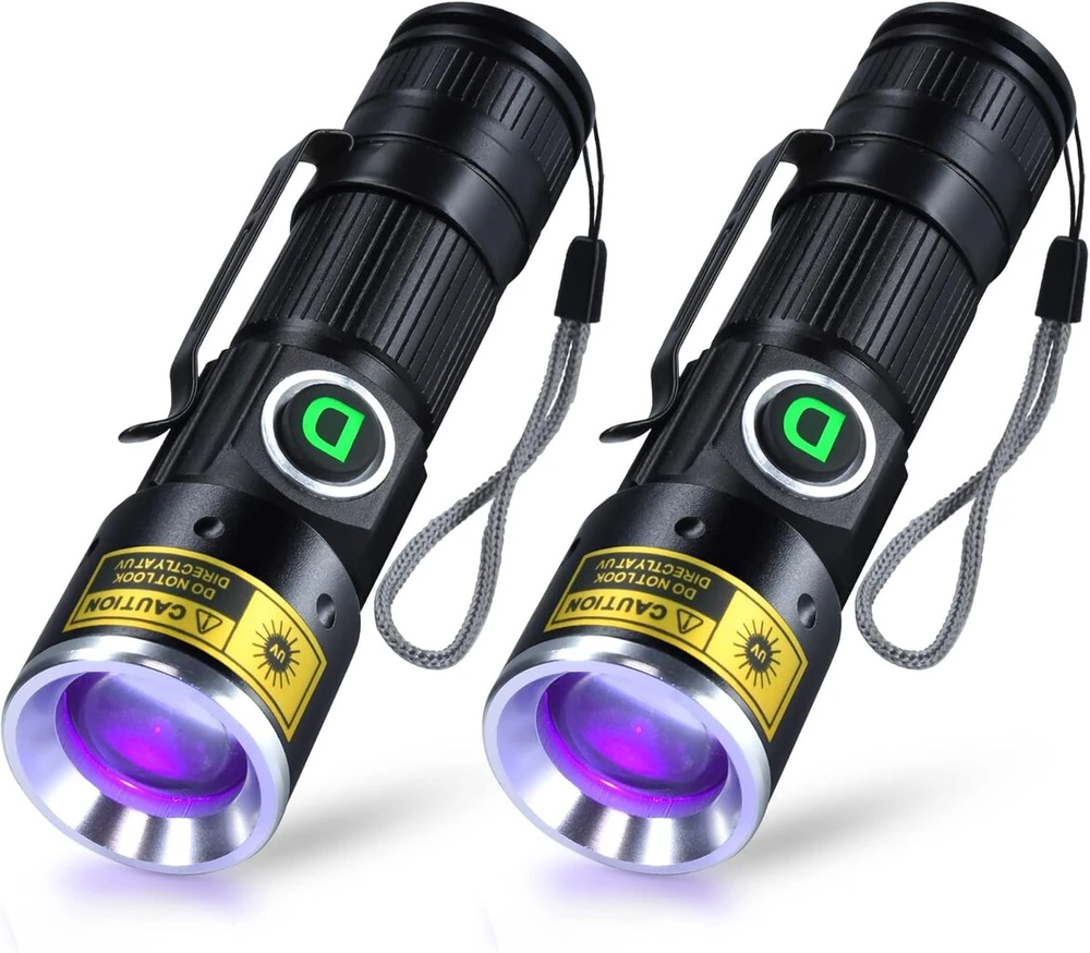 Darkdawn žibintuvėliai uv 395nm šviesos usb įkraunamas ultravioletinis led juodos šviesos žibintuvėlis mini woodsche lempa su priartinimu, detektorius naminių gyvūnų šlapimui, gintarui, urano stiklui, dervos kietinimui, 2 vnt.