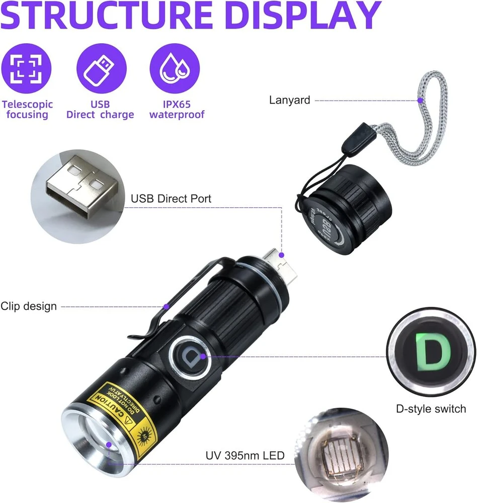 Darkdawn žibintuvėliai uv 395nm šviesos usb įkraunamas ultravioletinis led juodos šviesos žibintuvėlis mini woodsche lempa su priartinimu, detektorius naminių gyvūnų šlapimui, gintarui, urano stiklui, dervos kietinimui, 2 vnt.