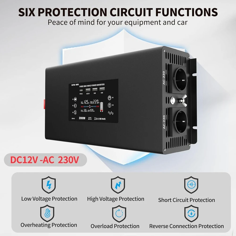 Datouboss gryno sinuso bangos galios keitiklis 2000 W / 4000 W 12 V į 230 V su 2 Eu lizdais, 2 Usb, 1 Qc3.0, 1 Type-c ir Lcd ekranu, įtampos keitiklis kemperiui, automobiliui