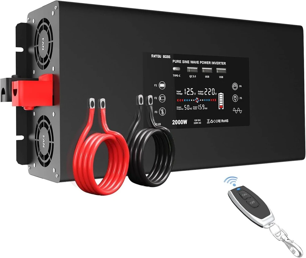 Datouboss gryno sinuso bangos galios keitiklis 2000 W / 4000 W 12 V į 230 V su 2 Eu lizdais, 2 Usb, 1 Qc3.0, 1 Type-c ir Lcd ekranu, įtampos keitiklis kemperiui, automobiliui