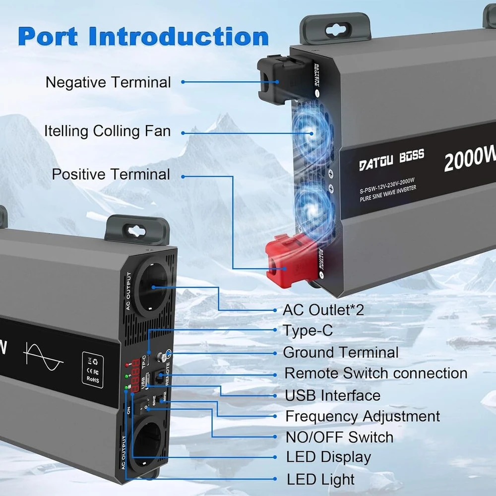 Datouboss Inverteris 12 V į 230 V gryno sinuso bangos 2000 W, įtampos keitiklis 12 V 230 V 2000 W su kintamosios srovės lizdu ir 3 A Usb jungtimi namams, kemperiui, sunkvežimiui, saulės energijos inverteris