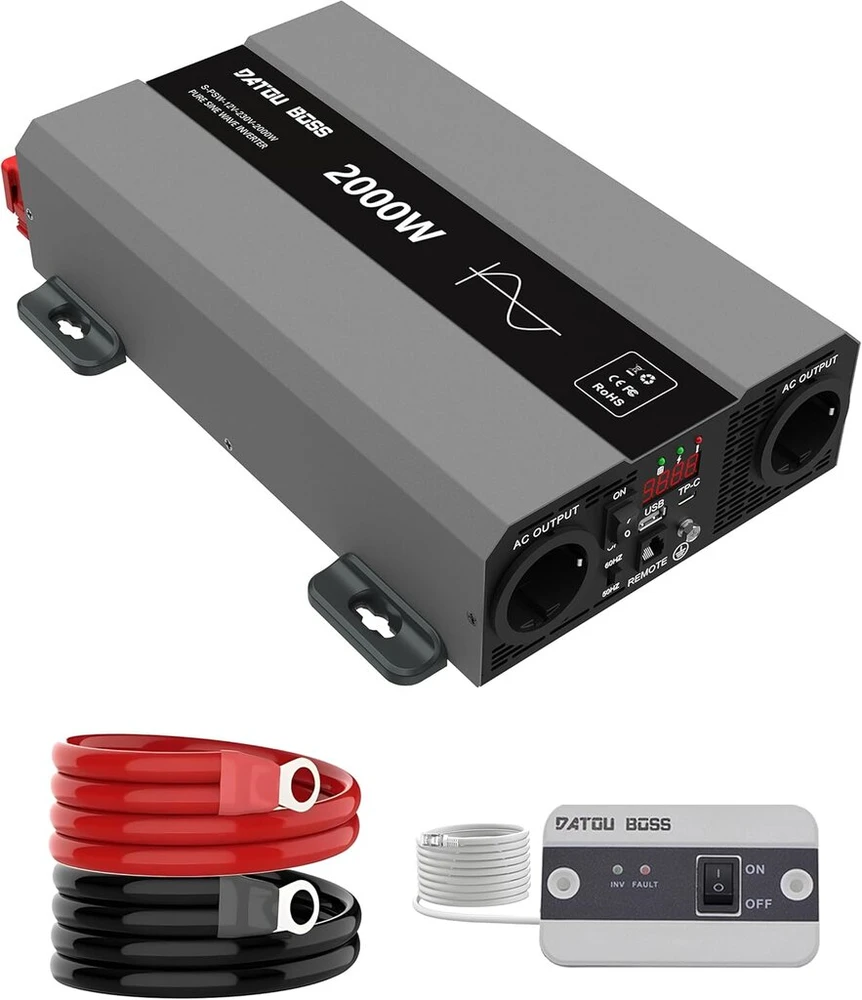 Datouboss Inverteris 12 V į 230 V gryno sinuso bangos 2000 W, įtampos keitiklis 12 V 230 V 2000 W su kintamosios srovės lizdu ir 3 A Usb jungtimi namams, kemperiui, sunkvežimiui, saulės energijos inverteris