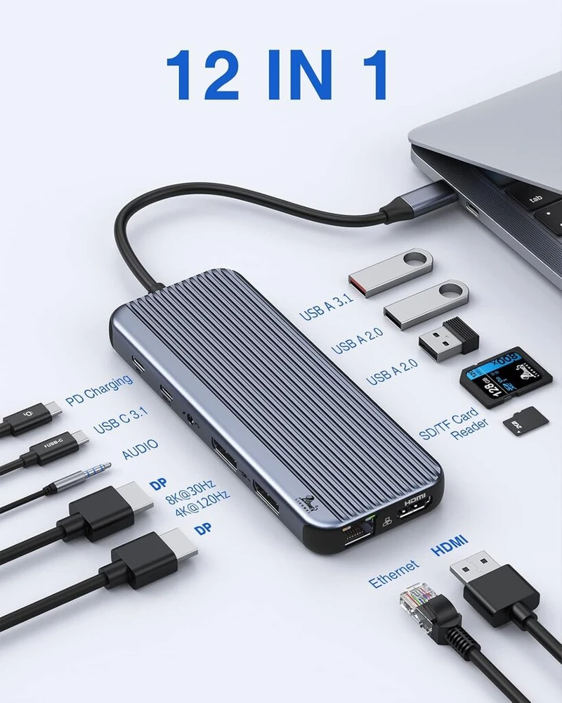 Daugiafunkcinė Usb šakotuvas su trimis ekranais, 12-in-1 Usb C doko stotis su 8k Hdmi, dvigubu Dp, 2 x Usb 3.1 10gbps, Usb 2.0, 100w Pd, Ethernet, Sd/tf kortelių skaitytuvu, skirtas Lenovo/dell/hp