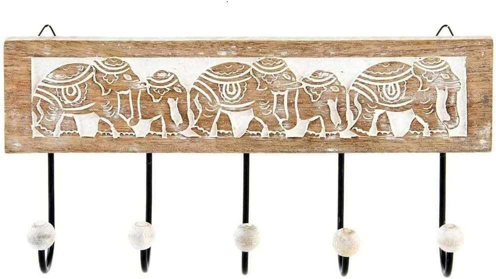 Dcasa medinis dramblys su 5 sieniniais kabliukais, raižytas, 38 x 18 cm