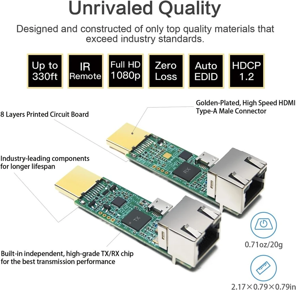 Ddmall Hdmi ilgintuvas per vieną cat5e/cat6/cat7 kabelį su nuotoliniu ir valdymu, 100 m, full hd 1080p, maitinamas usb, lengvas montavimas, be uždelsimo, hdmi siųstuvo imtuvo rinkinys, he-20ir