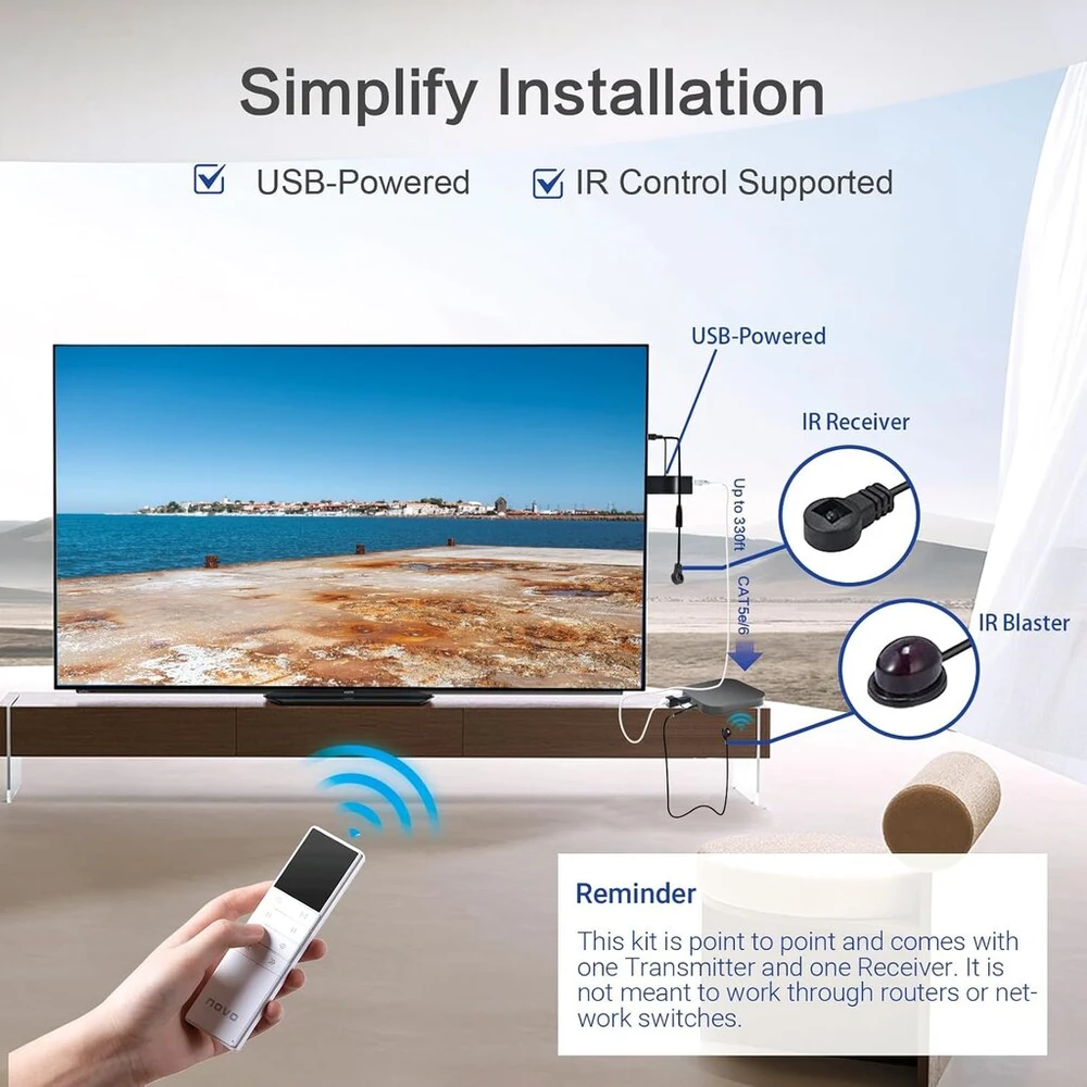 Ddmall Hdmi ilgintuvas per vieną cat5e/cat6/cat7 kabelį su nuotoliniu ir valdymu, 100 m, full hd 1080p, maitinamas usb, lengvas montavimas, be uždelsimo, hdmi siųstuvo imtuvo rinkinys, he-20ir