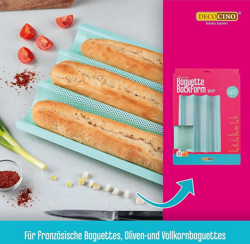 Decocino Baguette kepimo forma 38,5 x 28 cm - Mint Edition - aukštos kokybės kepimo skarda su nelimpančia danga 3 bagetėms kepti - galima plauti indaplovėje