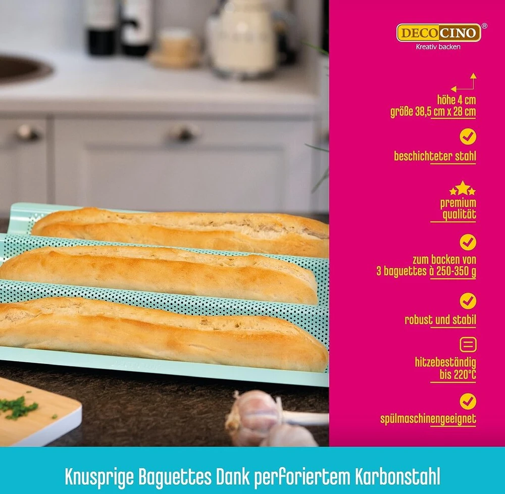 Decocino Baguette kepimo forma 38,5 x 28 cm - Mint Edition - aukštos kokybės kepimo skarda su nelimpančia danga 3 bagetėms kepti - galima plauti indaplovėje