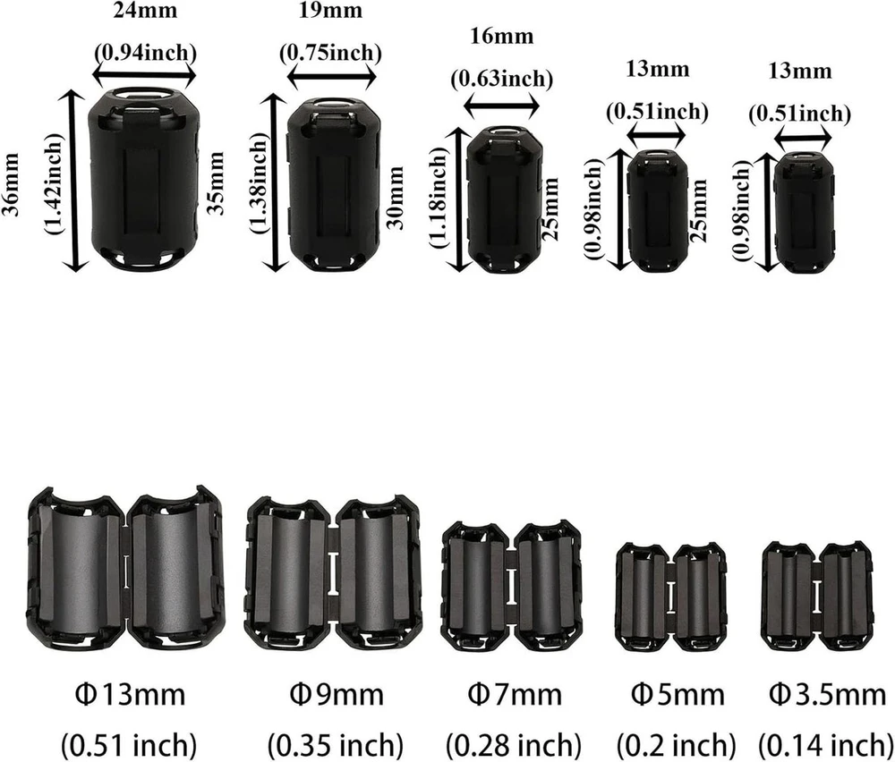 Default 15 vienetų 13 mm ferito šerdys ferito filtras ferito toroidinis kabelio spaustukų rinkinys dydžiai sulankstomas feritas kabeliui Rfi, Emi, skirtas Usb kabeliui, garso ir vaizdo kabelio maitinimo laidui