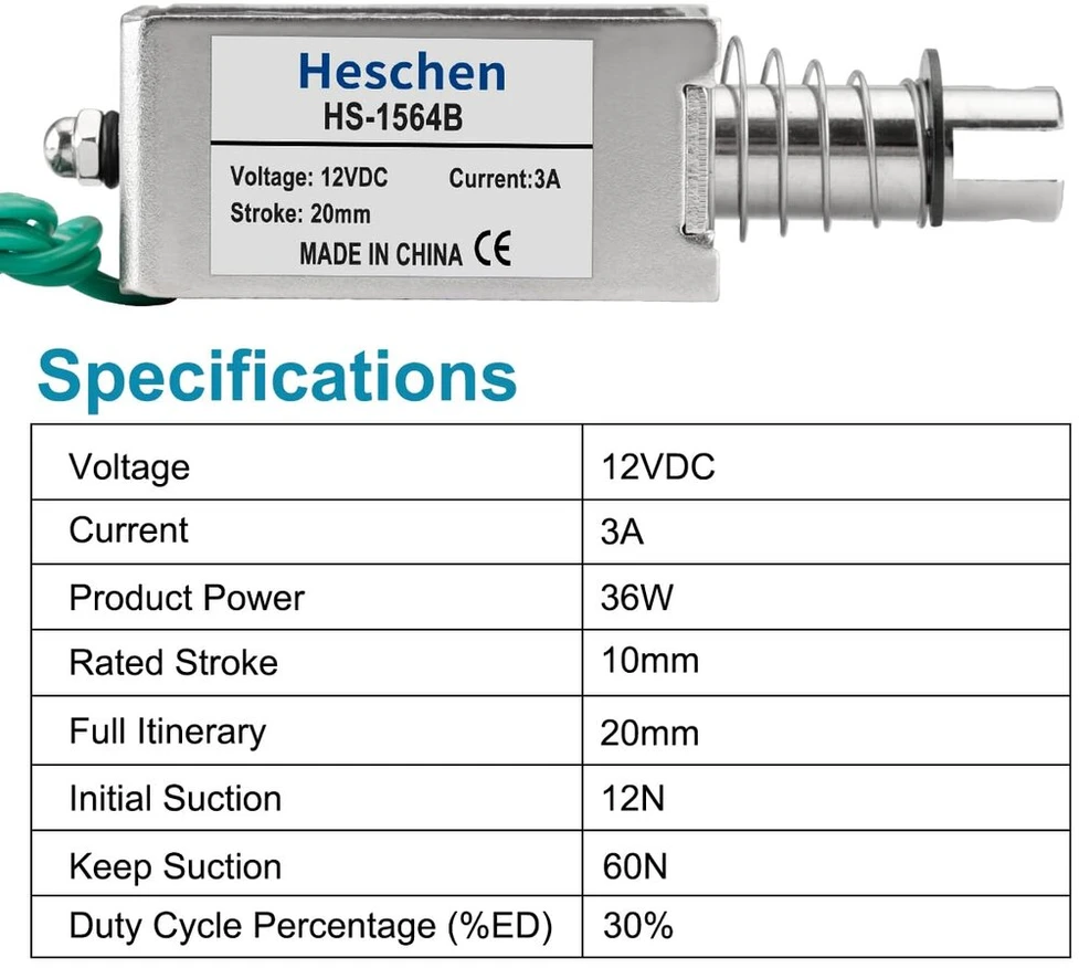 Default Elektromagnetas Hs-1564b Dc12v 3a, 20mm eiga, 60n jėga