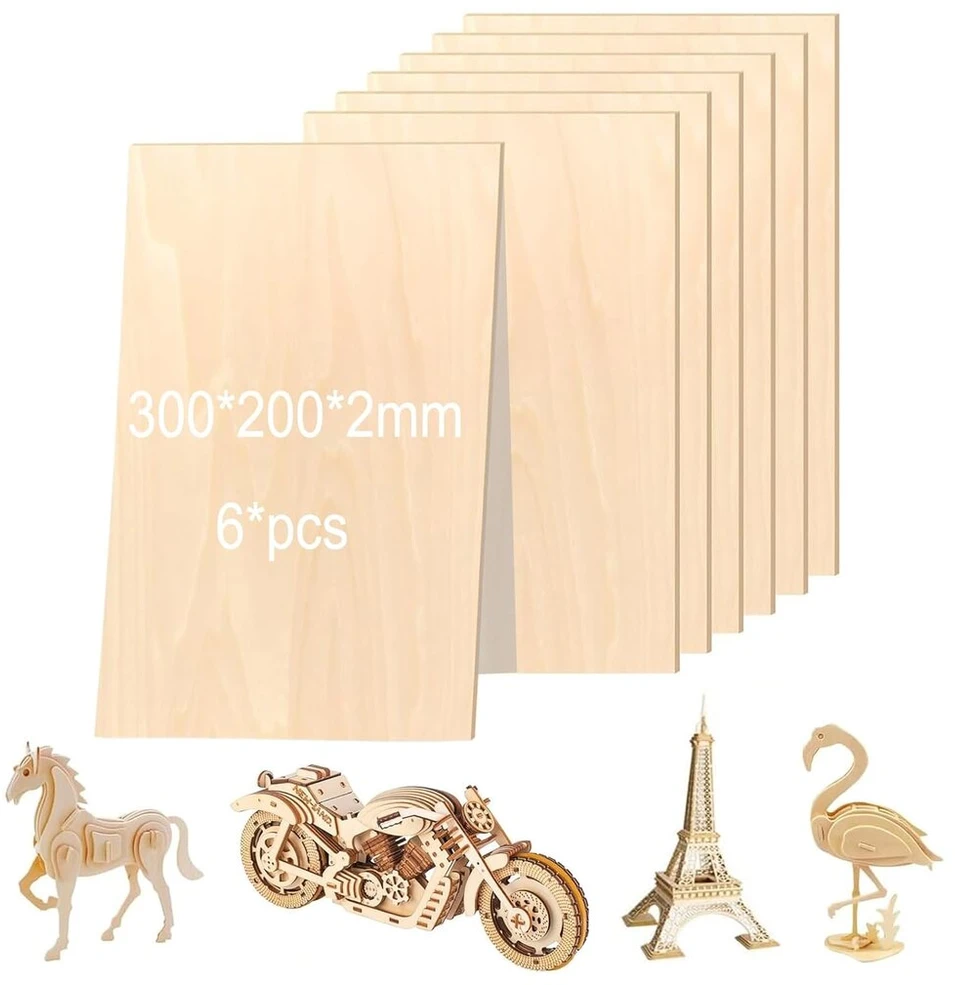 Dejivsin faneros rinkinys, 6 vnt., 300 x 200 x 2 mm, balzos mediena 2 mm, faneros plokštė, liepos faneros medienos plokštės, balzos medienos plokštės lazeriniams projektams, "pasidaryk pats" modeliams, menams ir amatams, paveikslams
