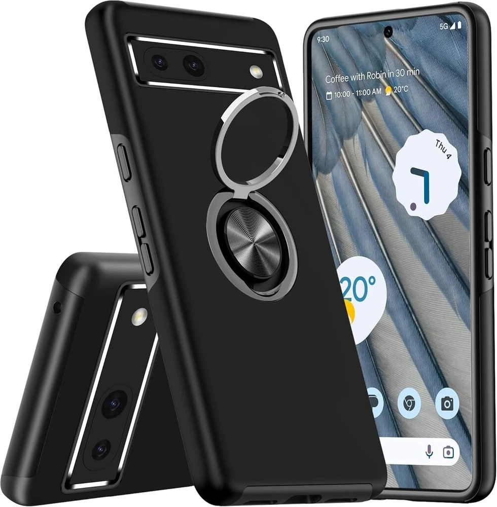 Dėklas Google Pixel 7a su 360° žiedu, juodas