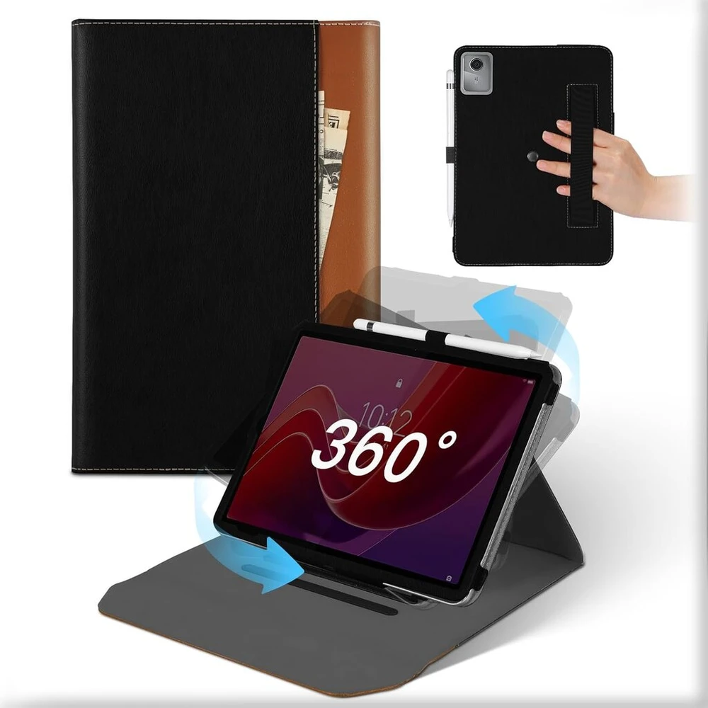 Dėklas planšetiniam kompiuteriui Lenovo Tab M11/k11 11 colių 2024, 360° pasukamas nuimamas stovas odinis dėklas su rašiklio laikikliu, smūgiams atsparus automobilinis miego/būdravimo apsauginis dėklas su kišene, skirtas Tab M11 2023, juodai rudas