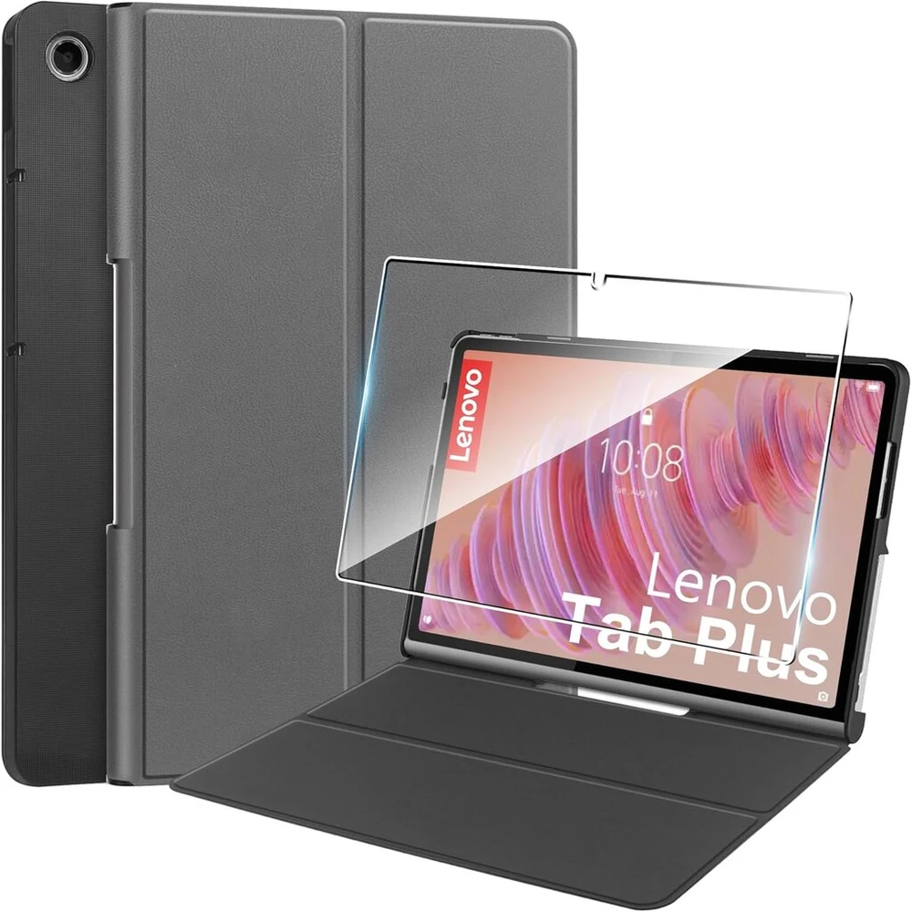 Dėklas, skirtas Lenovo Tab Plus 11.5 colių (2024 m.) planšetiniam kompiuteriui + 1 apsauginis stiklas, itin plonas, lengvas, trigubas sulankstomas apsauginis dėklas – pilkas