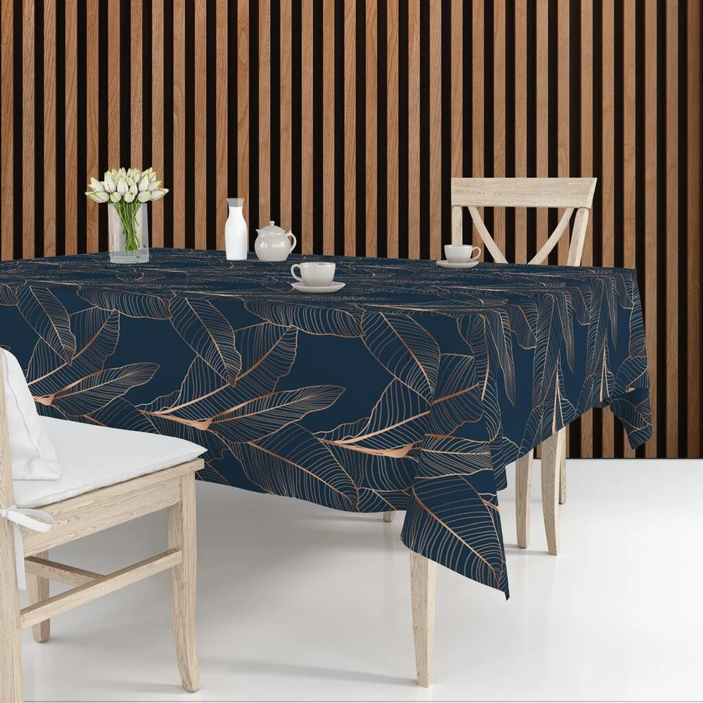 Dekoratyvinė staltiesė 140 x 240 cm - variniai lapai, tamsiai mėlyna, poliesteris, elegantiškas stalas, aukštos kokybės