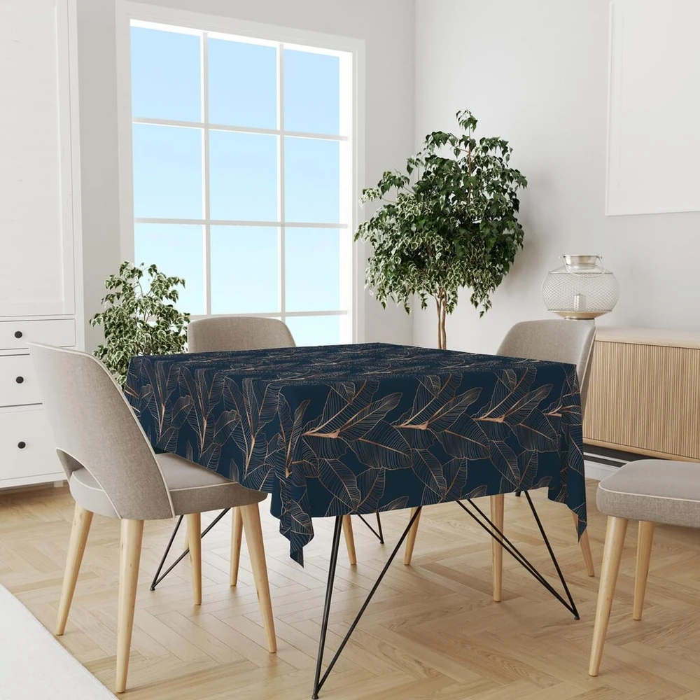 Dekoratyvinė staltiesė 140 x 240 cm - variniai lapai, tamsiai mėlyna, poliesteris, elegantiškas stalas, aukštos kokybės