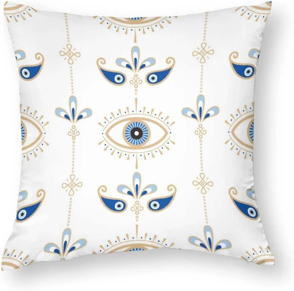 Dekoratyvinis pagalvėlės užvalkalas Turkish Mėlyna Evil Eye, 1 vnt., 40 x 40 cm, minkštas poliesterinis kvadratas svetainei, sofai, lovai