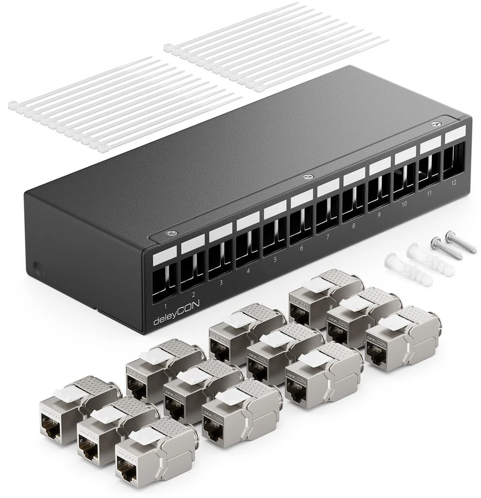 Deleycon 12 portų patch panelio rinkinys, patch panelio paskirstymo skydelis 1 U + 12x Rj45 keystone lizdo modulis Stp Cat6a, suderinamas su instaliaciniu kabeliu Cat6 Cat6a Cat7 tinklo kabeliu Ethernet Lan Dsl - juodas