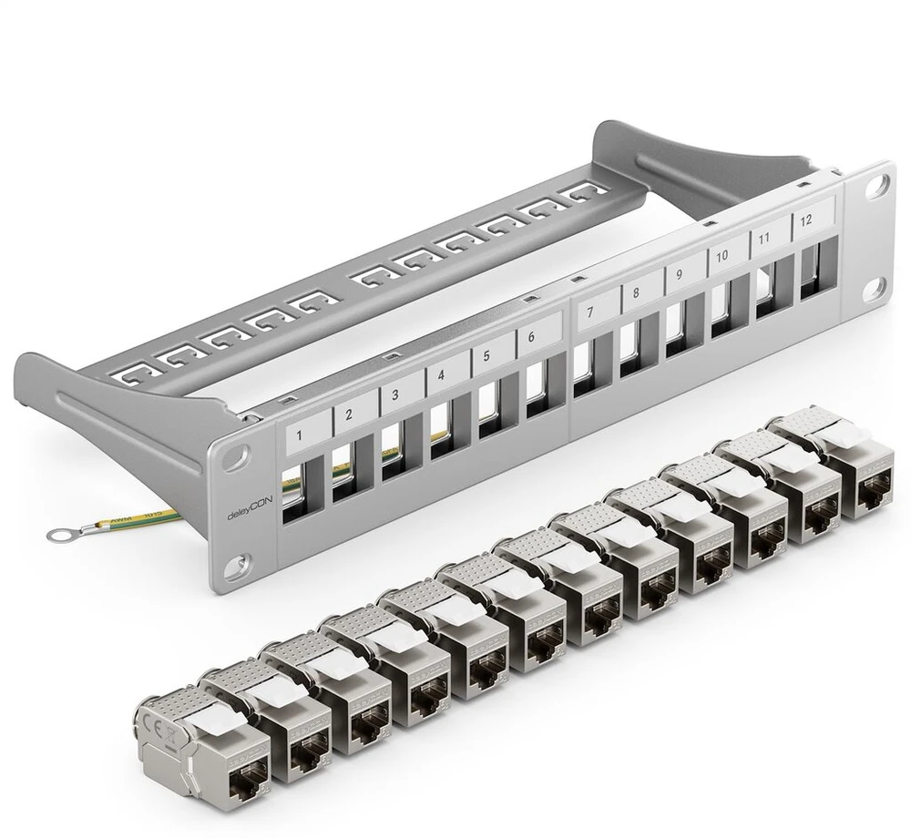 Deleycon 12 prievadų patch panelis, rinkinys, modulinis 1 U 10 colių stovo montavimas + 12x Rj45 keystone modulis Cat6a, suderinamas su Cat5 Cat6 Cat7 Lan tinklo kabelio montavimo kabeliu, pilkas