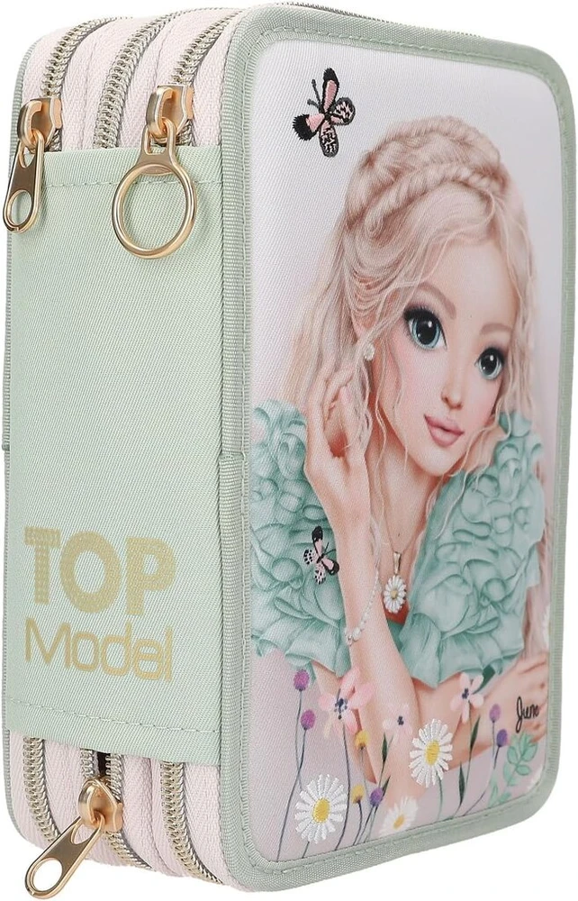 Depesche 13303 topmodel summer feeling trijų skyrių penalas sage žalias spalvos, su modelio motyvu ir gėlėmis, penalas su spalvotais pieštukais, liniuote, žirklėmis ir daug daugiau