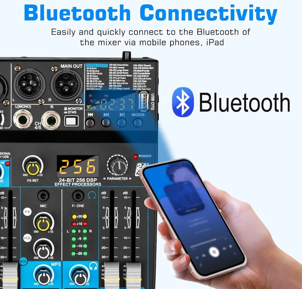 Depusheng profesionalus audio mikšeris su skaitmeniniu fx 256 bitų dsp usb bluetooth mp3 kompiuterinis dj mikšeris 5 kanalų įvesties sąsaja su 48v fantominiu maitinimu, skirtas pc įrašymui, tiesioginei transliacijai, karaoke
